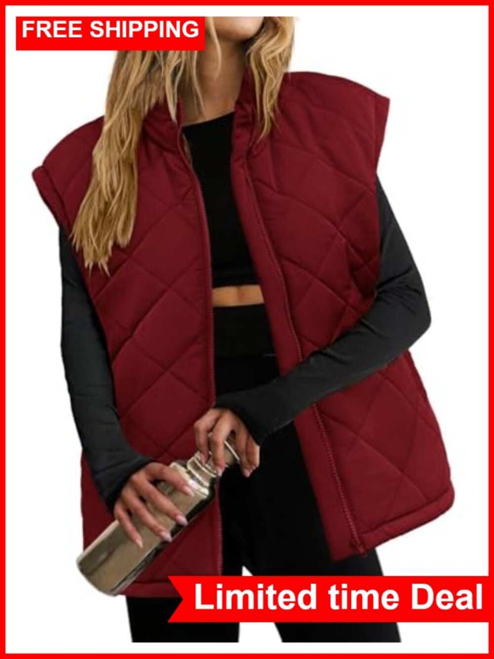 Oversized Puffer Vest Zip Up Stand Collar Lightweight Sleeveless Quilted Women